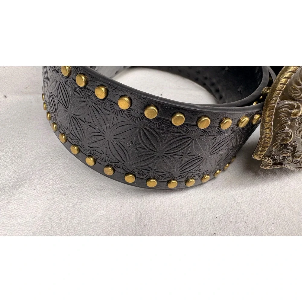 Western Black Leather Belt with Gold Longhorn Buckle